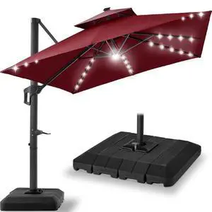 9x12ft LED Cantilever Patio Umbrella w/Base Included & 360° Rotation, Large Solar Offset Hanging Outdoor Sun Shade for Deck, Backyard Table w/Stand & Lights Burgundy 9x12ft LED Cantilever Patio Umbrella w/Base Included & 360° Rotation, Large Solar Offset Hanging Outdoor Sun Shade for Deck, Backyard Table w/Stand & Lights Burgundy