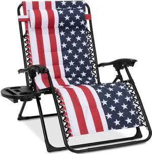 Oversized Padded Zero Gravity Chair, Folding Outdoor Patio Recliner, XL Anti Gravity Lounger for Backyard w/Headrest, Cup Holder, Side Tray, Polyester Mesh - American Flag Oversized Padded Zero Gravity Chair, Folding Outdoor Patio Recliner, XL Anti Gravity Lounger for Backyard w/Headrest, Cup Holder, Side Tray, Polyester Mesh - American Flag