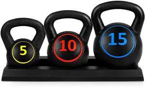 3-Piece Kettlebell Set with Storage Rack, HDPE Coated Exercise Fitness Concrete Weights for Home Gym, Strength Training, HIIT Workout 5lb, 10lb, 15lb 3-Piece Kettlebell Set with Storage Rack, HDPE Coated Exercise Fitness Concrete Weights for Home Gym, Strength Training, HIIT Workout 5lb, 10lb, 15lb