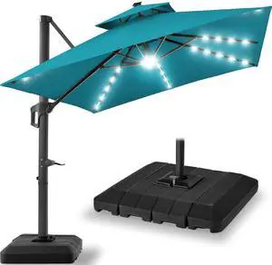 9x12ft LED Cantilever Patio Umbrella w/Base Included & 360° Rotation, Large Solar Offset Hanging Outdoor Sun Shade for Deck, Backyard Table w/Stand & Lights Cerulean 9x12ft LED Cantilever Patio Umbrella w/Base Included & 360° Rotation, Large Solar Offset Hanging Outdoor Sun Shade for Deck, Backyard Table w/Stand & Lights Cerulean
