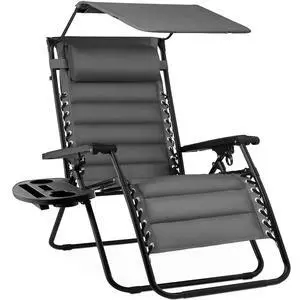 Oversized Padded Zero Gravity Chair w/Canopy Headrest Cup Holder Side Tray, Folding Outdoor Patio Recliner Lounger - Gray Oversized Padded Zero Gravity Chair w/Canopy Headrest Cup Holder Side Tray, Folding Outdoor Patio Recliner Lounger - Gray