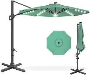 10ft Solar LED Cantilever Patio Umbrella, 360-Degree Rotation Hanging Offset Market Outdoor Sun Shade for Backyard, Deck, Poolside w/Lights, Easy Tilt, Cross Base - Seaglass 10ft Solar LED Cantilever Patio Umbrella, 360-Degree Rotation Hanging Offset Market Outdoor Sun Shade for Backyard, Deck, Poolside w/Lights, Easy Tilt, Cross Base - Seaglass