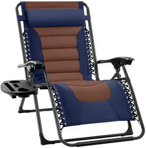 Oversized Padded Zero Gravity Chair, Folding Outdoor Patio Recliner, XL Anti Gravity Lounger for Backyard w/Headrest, Cup Holder, Side Tray, Polyester Mesh - Navy/Brown Oversized Padded Zero Gravity Chair, Folding Outdoor Patio Recliner, XL Anti Gravity Lounger for Backyard w/Headrest, Cup Holder, Side Tray, Polyester Mesh - Navy/Brown