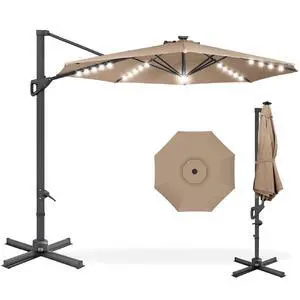 10ft Solar LED Cantilever Patio Umbrella, 360-Degree Rotation Hanging Offset Market Outdoor Sun Shade for Backyard, Deck, Poolside w/Lights, Easy Tilt, Cross Base - Tan 10ft Solar LED Cantilever Patio Umbrella, 360-Degree Rotation Hanging Offset Market Outdoor Sun Shade for Backyard, Deck, Poolside w/Lights, Easy Tilt, Cross Base - Tan
