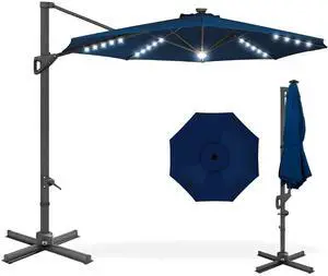 10ft Solar LED Cantilever Patio Umbrella, 360-Degree Rotation Hanging Offset Market Outdoor Sun Shade for Backyard, Deck, Poolside w/Lights, Easy Tilt, Cross Base - Navy Blue 10ft Solar LED Cantilever Patio Umbrella, 360-Degree Rotation Hanging Offset Market Outdoor Sun Shade for Backyard, Deck, Poolside w/Lights, Easy Tilt, Cross Base - Navy Blue