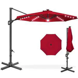 10ft Solar LED Cantilever Patio Umbrella, 360-Degree Rotation Hanging Offset Market Outdoor Sun Shade for Backyard, Deck, Poolside w/Lights, Easy Tilt, Cross Base - Red 10ft Solar LED Cantilever Patio Umbrella, 360-Degree Rotation Hanging Offset Market Outdoor Sun Shade for Backyard, Deck, Poolside w/Lights, Easy Tilt, Cross Base - Red