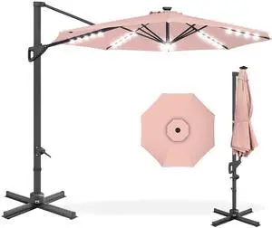 10ft Solar LED Cantilever Patio Umbrella, 360-Degree Rotation Hanging Offset Market Outdoor Sun Shade for Backyard, Deck, Poolside w/Lights, Easy Tilt, Cross Base - Rose Quartz 10ft Solar LED Cantilever Patio Umbrella, 360-Degree Rotation Hanging Offset Market Outdoor Sun Shade for Backyard, Deck, Poolside w/Lights, Easy Tilt, Cross Base - Rose Quartz