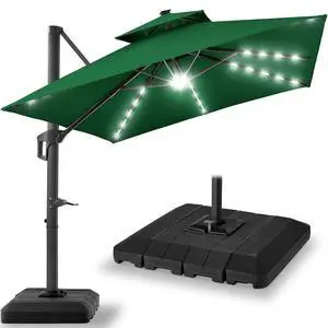 10x10ft Cantilever Patio Umbrella w/Base Included, Solar LED Lights 360 Rotation Large Offset Hanging Outdoor Shade for Deck Pool Backyard w/Stand Green 10x10ft Cantilever Patio Umbrella w/Base Included, Solar LED Lights 360 Rotation Large Offset Hanging Outdoor Shade for Deck Pool Backyard w/Stand Green