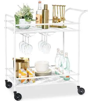 Rolling Bar Cart, Mobile Home Bar Serving Cart, Serving Station w/ 2 Tier Shelves, Wine Rack, Lockable Wheels - White Rolling Bar Cart, Mobile Home Bar Serving Cart, Serving Station w/ 2 Tier Shelves, Wine Rack, Lockable Wheels - White