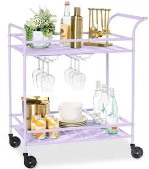 Rolling Bar Cart, Mobile Home Bar Serving Cart, Serving Station w/ 2 Tier Shelves, Wine Rack, Lockable Wheels - Lavender Rolling Bar Cart, Mobile Home Bar Serving Cart, Serving Station w/ 2 Tier Shelves, Wine Rack, Lockable Wheels - Lavender