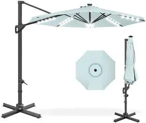 10ft Solar LED Cantilever Patio Umbrella, 360-Degree Rotation Hanging Offset Market Outdoor Sun Shade for Backyard, Deck, Poolside w/Lights, Easy Tilt, Cross Base - Baby Blue 10ft Solar LED Cantilever Patio Umbrella, 360-Degree Rotation Hanging Offset Market Outdoor Sun Shade for Backyard, Deck, Poolside w/Lights, Easy Tilt, Cross Base - Baby Blue
