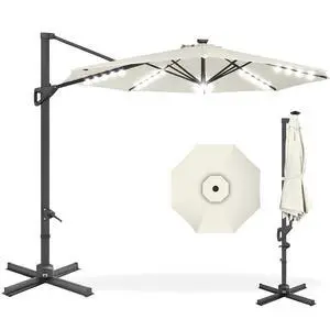 10ft Solar LED Cantilever Patio Umbrella, 360-Degree Rotation Hanging Offset Market Outdoor Sun Shade for Backyard, Deck, Poolside w/Lights, Easy Tilt, Cross Base - Ivory 10ft Solar LED Cantilever Patio Umbrella, 360-Degree Rotation Hanging Offset Market Outdoor Sun Shade for Backyard, Deck, Poolside w/Lights, Easy Tilt, Cross Base - Ivory