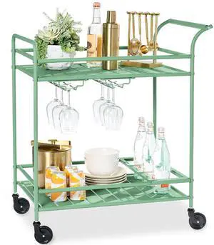 Rolling Bar Cart, Mobile Home Bar Serving Cart, Serving Station w/ 2 Tier Shelves, Wine Rack, Lockable Wheels - Sage Rolling Bar Cart, Mobile Home Bar Serving Cart, Serving Station w/ 2 Tier Shelves, Wine Rack, Lockable Wheels - Sage