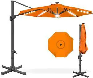 10ft Solar LED Cantilever Patio Umbrella, 360-Degree Rotation Hanging Offset Market Outdoor Sun Shade for Backyard, Deck, Poolside w/Lights, Easy Tilt, Cross Base - Orange 10ft Solar LED Cantilever Patio Umbrella, 360-Degree Rotation Hanging Offset Market Outdoor Sun Shade for Backyard, Deck, Poolside w/Lights, Easy Tilt, Cross Base - Orange