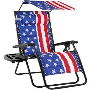 Oversized Padded Zero Gravity Chair w/Canopy Headrest Cup Holder Side Tray, Folding Outdoor Patio Recliner Lounger - American Flag Oversized Padded Zero Gravity Chair w/Canopy Headrest Cup Holder Side Tray, Folding Outdoor Patio Recliner Lounger - American Flag
