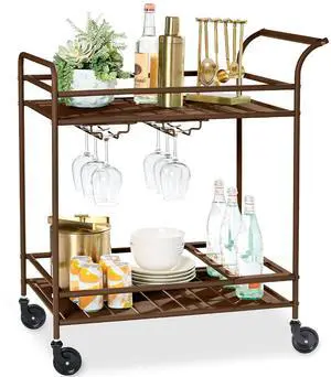 Rolling Bar Cart, Mobile Home Bar Serving Cart, Serving Station w/ 2 Tier Shelves, Wine Rack, Lockable Wheels - Brown Rolling Bar Cart, Mobile Home Bar Serving Cart, Serving Station w/ 2 Tier Shelves, Wine Rack, Lockable Wheels - Brown