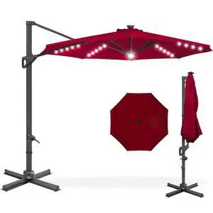 10ft Solar LED Cantilever Patio Umbrella, 360-Degree Rotation Hanging Offset Market Outdoor Sun Shade for Backyard, Deck, Poolside w/Lights, Easy Tilt, Cross Base - Burgundy 10ft Solar LED Cantilever Patio Umbrella, 360-Degree Rotation Hanging Offset Market Outdoor Sun Shade for Backyard, Deck, Poolside w/Lights, Easy Tilt, Cross Base - Burgundy