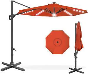 10ft Solar LED Cantilever Patio Umbrella, 360-Degree Rotation Hanging Offset Market Outdoor Sun Shade for Backyard, Deck, Poolside w/Lights, Easy Tilt, Cross Base - Rust 10ft Solar LED Cantilever Patio Umbrella, 360-Degree Rotation Hanging Offset Market Outdoor Sun Shade for Backyard, Deck, Poolside w/Lights, Easy Tilt, Cross Base - Rust