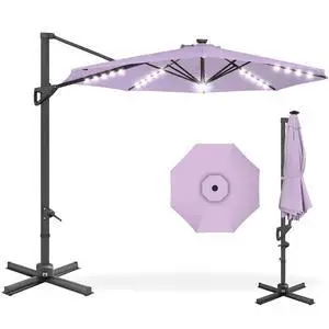 10ft Solar LED Cantilever Patio Umbrella, 360-Degree Rotation Hanging Offset Market Outdoor Sun Shade for Backyard, Deck, Poolside w/Lights, Easy Tilt, Cross Base - Lavender 10ft Solar LED Cantilever Patio Umbrella, 360-Degree Rotation Hanging Offset Market Outdoor Sun Shade for Backyard, Deck, Poolside w/Lights, Easy Tilt, Cross Base - Lavender