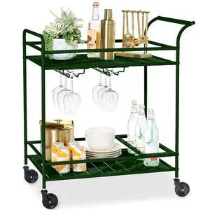 Rolling Bar Cart, Mobile Home Bar Serving Cart, Serving Station w/ 2 Tier Shelves, Wine Rack, Lockable Wheels - Deep Green Rolling Bar Cart, Mobile Home Bar Serving Cart, Serving Station w/ 2 Tier Shelves, Wine Rack, Lockable Wheels - Deep Green