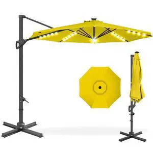 10ft Solar LED Cantilever Patio Umbrella, 360-Degree Rotation Hanging Offset Market Outdoor Sun Shade for Backyard, Deck, Poolside w/Lights, Easy Tilt, Cross Base - Yellow 10ft Solar LED Cantilever Patio Umbrella, 360-Degree Rotation Hanging Offset Market Outdoor Sun Shade for Backyard, Deck, Poolside w/Lights, Easy Tilt, Cross Base - Yellow