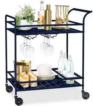 Rolling Bar Cart, Mobile Home Bar Serving Cart, Serving Station w/ 2 Tier Shelves, Wine Rack, Lockable Wheels - Navy Rolling Bar Cart, Mobile Home Bar Serving Cart, Serving Station w/ 2 Tier Shelves, Wine Rack, Lockable Wheels - Navy