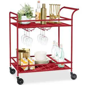 Rolling Bar Cart, Mobile Home Bar Serving Cart, Serving Station w/ 2 Tier Shelves, Wine Rack, Lockable Wheels - Red Rolling Bar Cart, Mobile Home Bar Serving Cart, Serving Station w/ 2 Tier Shelves, Wine Rack, Lockable Wheels - Red