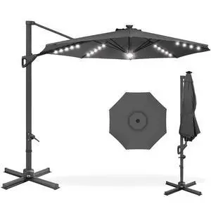 10ft Solar LED Cantilever Patio Umbrella, 360-Degree Rotation Hanging Offset Market Outdoor Sun Shade for Backyard, Deck, Poolside w/Lights, Easy Tilt, Cross Base - Gray 10ft Solar LED Cantilever Patio Umbrella, 360-Degree Rotation Hanging Offset Market Outdoor Sun Shade for Backyard, Deck, Poolside w/Lights, Easy Tilt, Cross Base - Gray