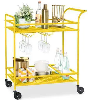 Rolling Bar Cart, Mobile Home Bar Serving Cart, Serving Station w/ 2 Tier Shelves, Wine Rack, Lockable Wheels - Yellow Rolling Bar Cart, Mobile Home Bar Serving Cart, Serving Station w/ 2 Tier Shelves, Wine Rack, Lockable Wheels - Yellow