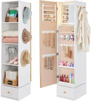 Rotating Mirror w/Storage Cabinet, 360 Swivel Jewelry Armoire w/Full-Length Mirror, Gold Metal Frame Tower w/Cube Shelves, Built-In Jewelry Organizer & Hook - Gold Rotating Mirror w/Storage Cabinet, 360 Swivel Jewelry Armoire w/Full-Length Mirror, Gold Metal Frame Tower w/Cube Shelves, Built-In Jewelry Organizer & Hook - Gold