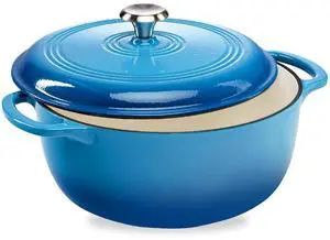 6 Quart Enamel Cast-Iron Round Dutch Oven, Family Style Heavy-Duty Pre-Seasoned Cookware for Home, Kitchen, Dining Room, Oven Safe w/Lid, Dual Handles - Blue 6 Quart Enamel Cast-Iron Round Dutch Oven, Family Style Heavy-Duty Pre-Seasoned Cookware for Home, Kitchen, Dining Room, Oven Safe w/Lid, Dual Handles - Blue