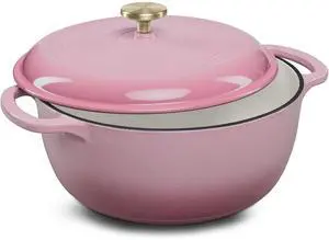 7.5 Quart Enamel Cast-Iron Round Dutch Oven, Family Style Heavy-Duty Pre-Seasoned Cookware for Home, Kitchen, Dining Room, Oven Safe w/Lid, Dual Handles - Pink Champagne 7.5 Quart Enamel Cast-Iron Round Dutch Oven, Family Style Heavy-Duty Pre-Seasoned Cookware for Home, Kitchen, Dining Room, Oven Safe w/Lid, Dual Handles - Pink Champagne