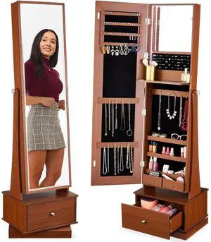 360 Swivel Mirrored Jewelry Cabinet, Standing Armoire, Makeup Storage Organizer, w/LED-lit Mirror, 3 Shelves - Walnut 360 Swivel Mirrored Jewelry Cabinet, Standing Armoire, Makeup Storage Organizer, w/LED-lit Mirror, 3 Shelves - Walnut