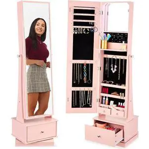360 Swivel Mirrored Jewelry Cabinet, Standing Armoire, Makeup Storage Organizer, w/LED-lit Mirror, 3 Shelves - Dusty Pink 360 Swivel Mirrored Jewelry Cabinet, Standing Armoire, Makeup Storage Organizer, w/LED-lit Mirror, 3 Shelves - Dusty Pink