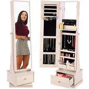 360 Swivel Mirrored Jewelry Cabinet, Standing Armoire, Makeup Storage Organizer, w/LED-lit Mirror, 3 Shelves - Coastal White 360 Swivel Mirrored Jewelry Cabinet, Standing Armoire, Makeup Storage Organizer, w/LED-lit Mirror, 3 Shelves - Coastal White