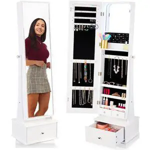 360 Swivel Mirrored Jewelry Cabinet, Standing Armoire, Makeup Storage Organizer, w/LED-lit Mirror, 3 Shelves - White 360 Swivel Mirrored Jewelry Cabinet, Standing Armoire, Makeup Storage Organizer, w/LED-lit Mirror, 3 Shelves - White