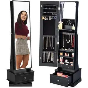 360 Swivel Mirrored Jewelry Cabinet, Standing Armoire, Makeup Storage Organizer, w/LED-lit Mirror, 3 Shelves - Black 360 Swivel Mirrored Jewelry Cabinet, Standing Armoire, Makeup Storage Organizer, w/LED-lit Mirror, 3 Shelves - Black