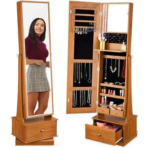 360 Swivel Mirrored Jewelry Cabinet, Standing Armoire, Makeup Storage Organizer, w/LED-lit Mirror, 3 Shelves - Rustic Brown 360 Swivel Mirrored Jewelry Cabinet, Standing Armoire, Makeup Storage Organizer, w/LED-lit Mirror, 3 Shelves - Rustic Brown