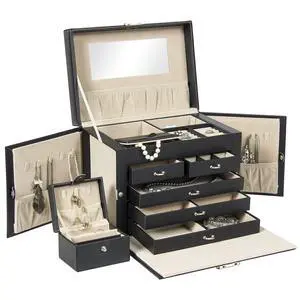 Leather Box Organizer Storage With Mini Travel Case - Black Leather Box Organizer Storage With Mini Travel Case - Black