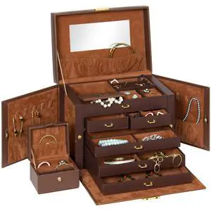 Leather Collectors Organizer Storage Case for Jewelry Trinkets w/Mini Travel Case, Shelves, Hooks, Drawers, Pockets, Brown Leather Collectors Organizer Storage Case for Jewelry Trinkets w/Mini Travel Case, Shelves, Hooks, Drawers, Pockets, Brown