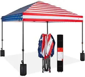 10x10ft Pop Up Canopy Tent, Outdoor Shade, 1 Person 1 Minute Set Up, Carry Case, 4 Weight Bags - American Flag 10x10ft Pop Up Canopy Tent, Outdoor Shade, 1 Person 1 Minute Set Up, Carry Case, 4 Weight Bags - American Flag