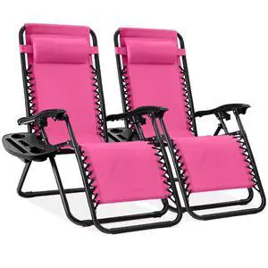 Set of 2 Adjustable Steel Mesh Zero Gravity Lounge Chair Recliners w/Pillows and Cup Holder Trays - Hot Pink/Black Set of 2 Adjustable Steel Mesh Zero Gravity Lounge Chair Recliners w/Pillows and Cup Holder Trays - Hot Pink/Black
