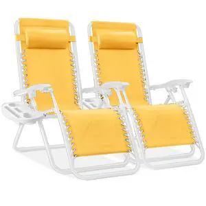Set of 2 Adjustable Steel Mesh Zero Gravity Lounge Chair Recliners w/Pillows and Cup Holder Trays - Marigold/White Set of 2 Adjustable Steel Mesh Zero Gravity Lounge Chair Recliners w/Pillows and Cup Holder Trays - Marigold/White
