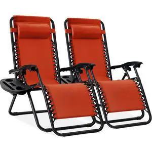 Set of 2 Adjustable Steel Mesh Zero Gravity Lounge Chair Recliners w/Pillows and Cup Holder Trays - Burnt Orange Set of 2 Adjustable Steel Mesh Zero Gravity Lounge Chair Recliners w/Pillows and Cup Holder Trays - Burnt Orange