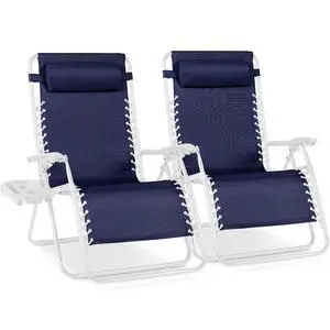 Set of 2 Extra Wide Adjustable Steel Mesh Zero Gravity Lounge Chair Recliners w/Pillows and Cup Holder Trays - Navy/White Set of 2 Extra Wide Adjustable Steel Mesh Zero Gravity Lounge Chair Recliners w/Pillows and Cup Holder Trays - Navy/White