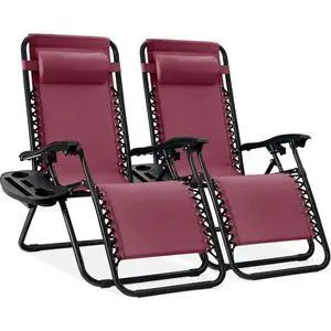 Set of 2 Adjustable Steel Mesh Zero Gravity Lounge Chair Recliners w/Pillows and Cup Holder Trays - Burgundy Set of 2 Adjustable Steel Mesh Zero Gravity Lounge Chair Recliners w/Pillows and Cup Holder Trays - Burgundy