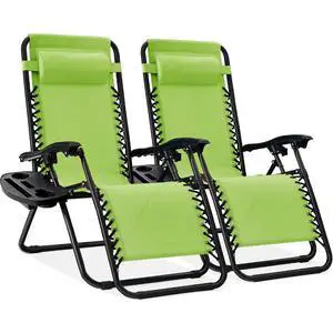 Set of 2 Adjustable Steel Mesh Zero Gravity Lounge Chair Recliners w/Pillows and Cup Holder Trays - Lime Green Set of 2 Adjustable Steel Mesh Zero Gravity Lounge Chair Recliners w/Pillows and Cup Holder Trays - Lime Green