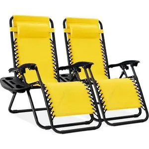 Set of 2 Adjustable Steel Mesh Zero Gravity Lounge Chair Recliners w/Pillows and Cup Holder Trays - Sunflower Yellow Set of 2 Adjustable Steel Mesh Zero Gravity Lounge Chair Recliners w/Pillows and Cup Holder Trays - Sunflower Yellow