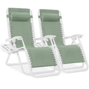 Set of 2 Adjustable Steel Mesh Zero Gravity Lounge Chair Recliners w/Pillows and Cup Holder Trays - Sage Green/White Set of 2 Adjustable Steel Mesh Zero Gravity Lounge Chair Recliners w/Pillows and Cup Holder Trays - Sage Green/White