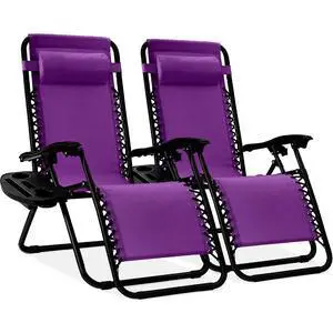 Set of 2 Adjustable Steel Mesh Zero Gravity Lounge Chair Recliners w/Pillows and Cup Holder Trays - Amethyst Purple Set of 2 Adjustable Steel Mesh Zero Gravity Lounge Chair Recliners w/Pillows and Cup Holder Trays - Amethyst Purple